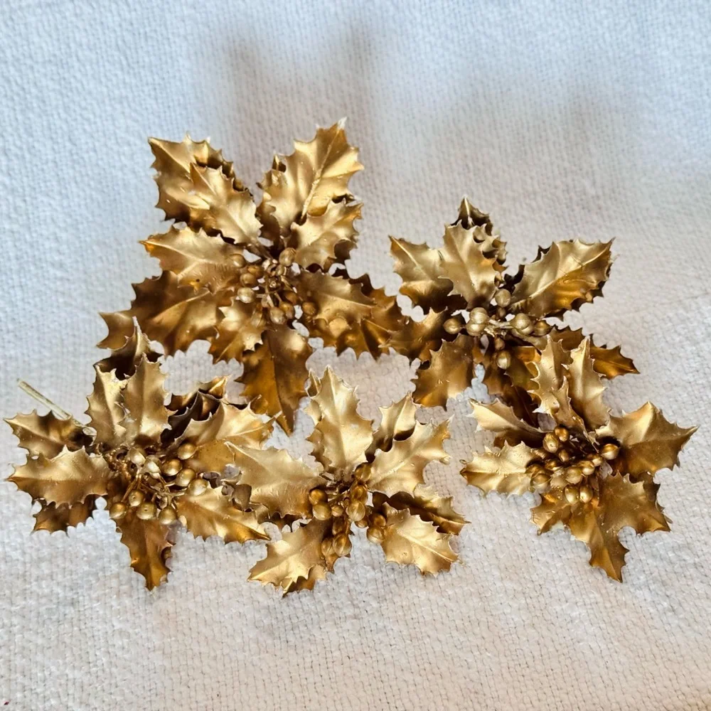 5 VINTAGE Metallic Gold Winter Holly Faux Floral Stems Thick & Rubbery Picks